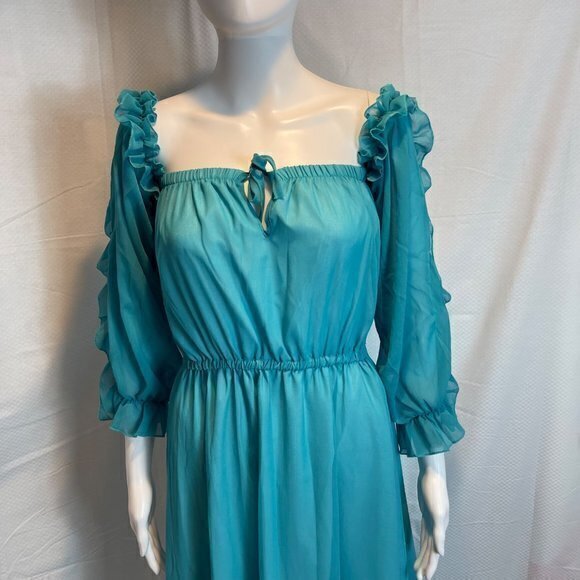 Cupshe Sexy Bohemian Off shoulder Beach Style ruffles split Turquoise Dress Sz L - Picture 7 of 11